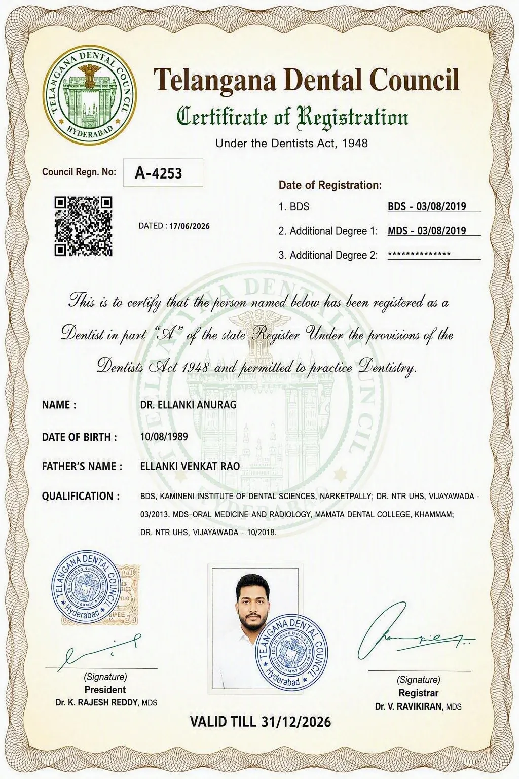 Dr. Anurag Ellanki's Telangana State Dental Council registration certificate